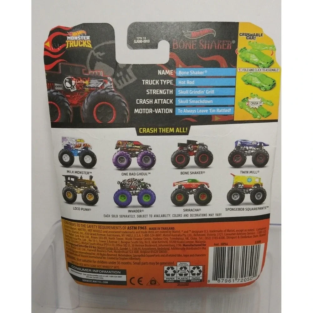Hot Wheels Monster Trucks Bone Shaker with Crushable Car New Sealed GJG98